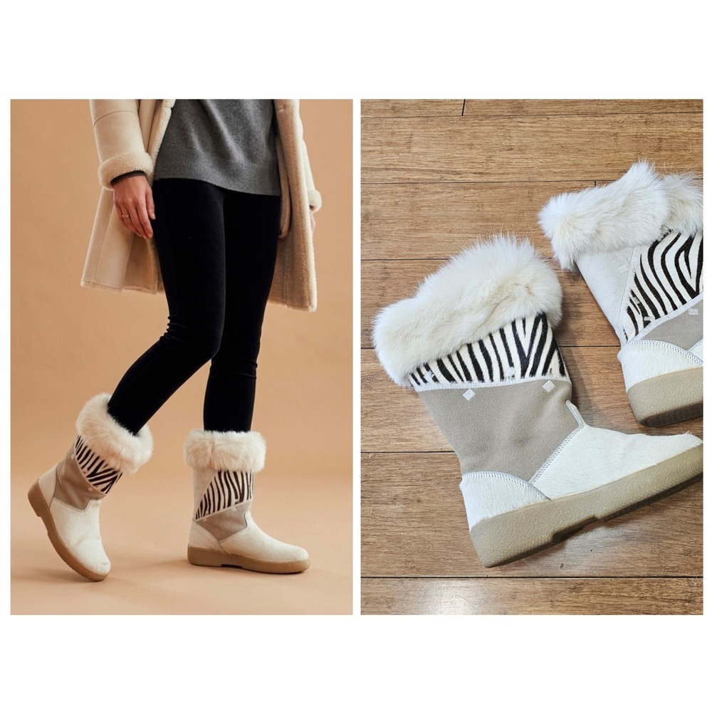 Cristina Italy Zebra Fur Trim Leather Boots Women 37 White Tan